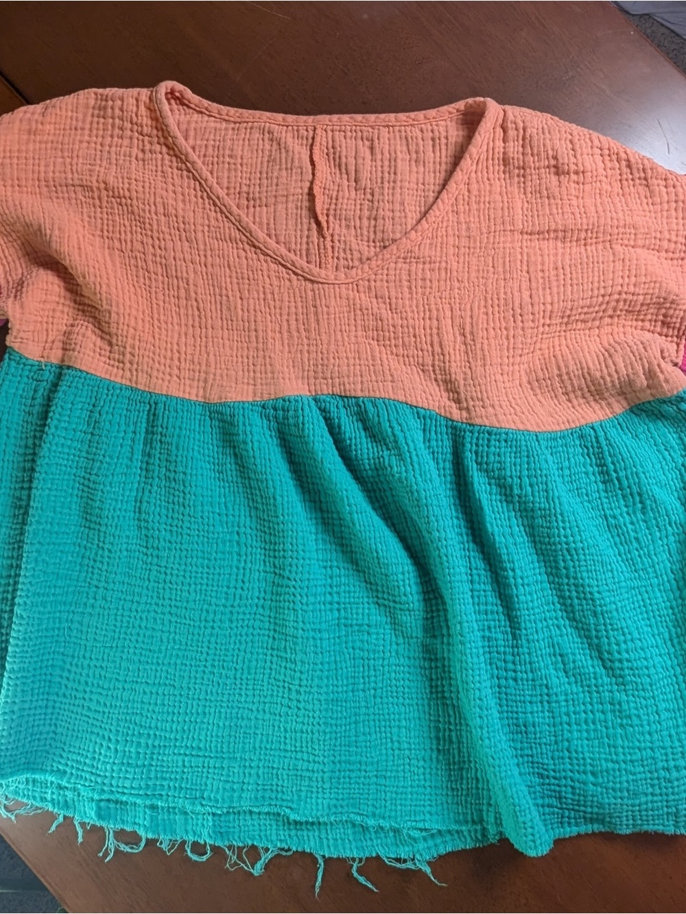 Peach,Pink and Teal Colorblock Gauze V-Neck Top